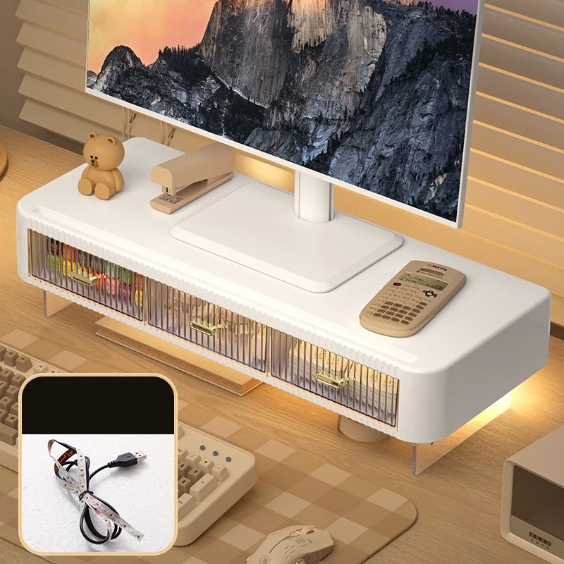 Transparent Computer Monitor Holder With Drawer LED Light PC Screen Stand Bracket Rack Night Lamp Desktop Storage Organizers