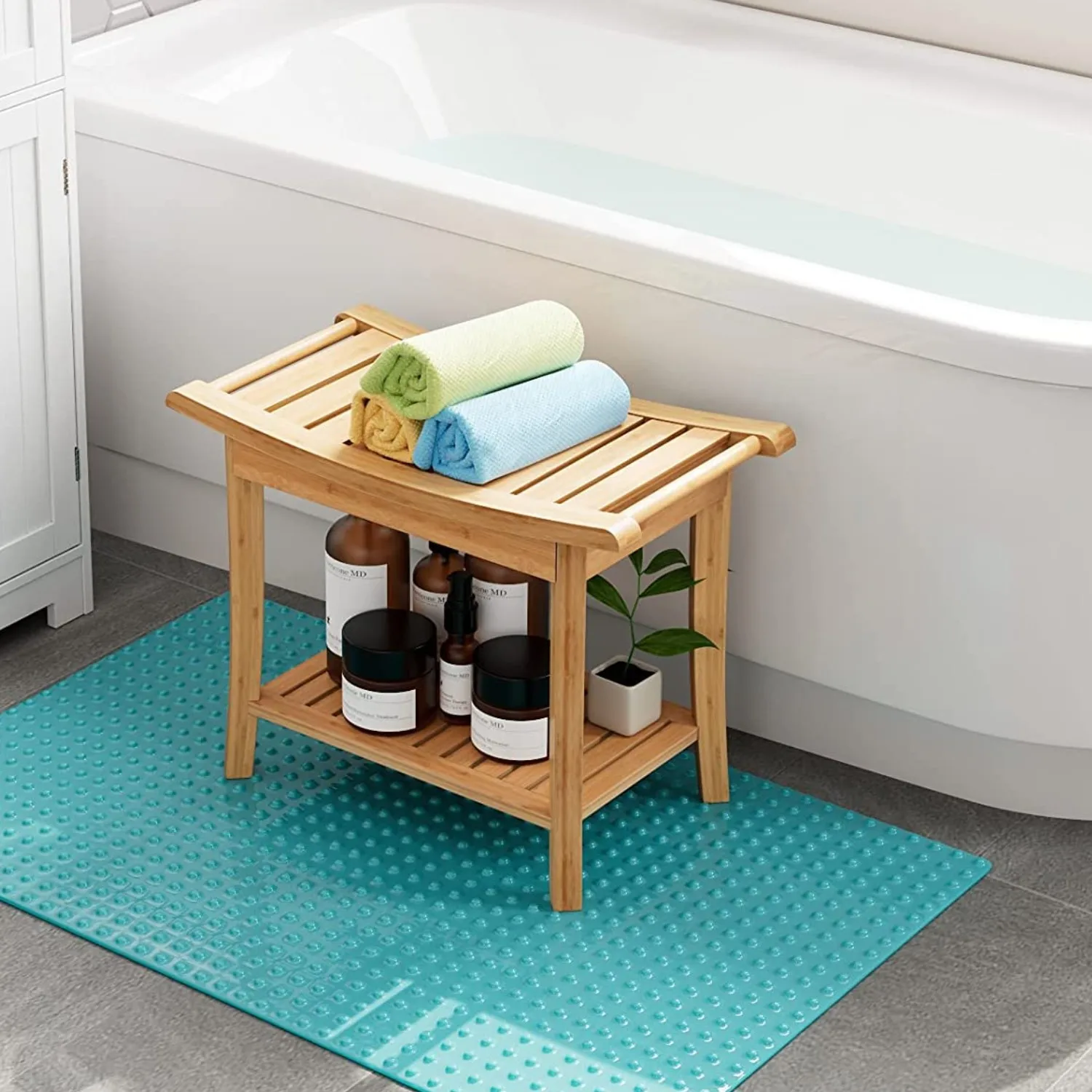Sitzhocker aus Bambus Sitzbank Bad Shower Stool Wasserfest Non Slip 2 Etagen, für Zuhause,