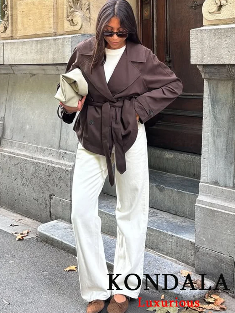 

TRAFZA повседневный шикарный женский плащ с однотонным отложным воротником, однобортное пальто с карманами и поясом, модное осеннее женское пальто 2023 г.