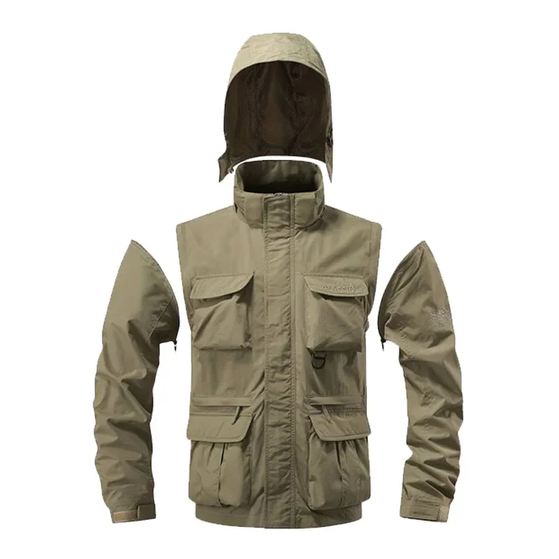 

Casual Waterproof Multi Suitable Outdoor Activities Detachable Windproof Hooded Jacket Bag Cargo Jacket Vest Men's Flight Jacke