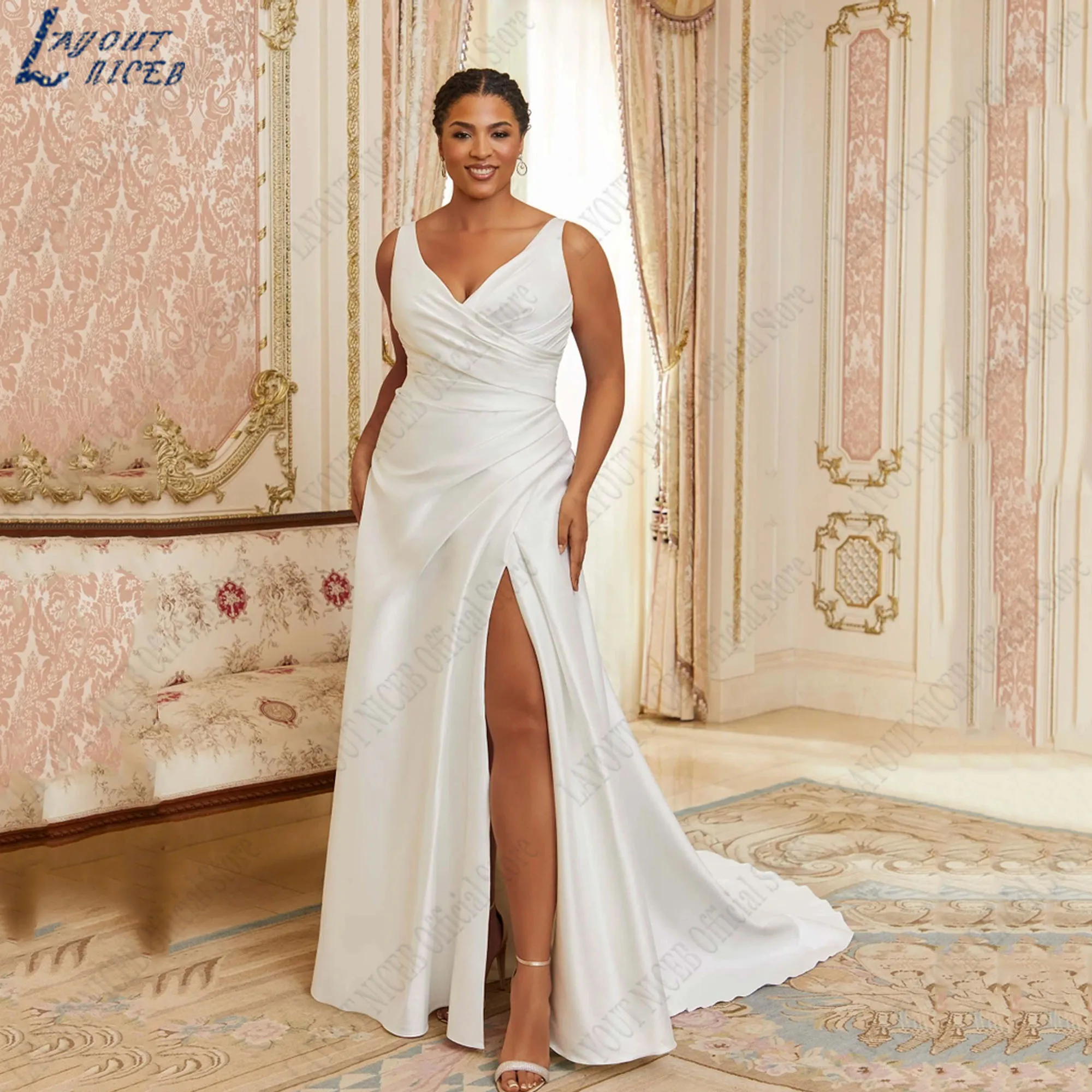 

LAYOUT NICEB Large Size Wedding Gown 2024 V-Neck Sleeveless A-Line Simple Backless Bride Dress Side Split Satin robes de mariée