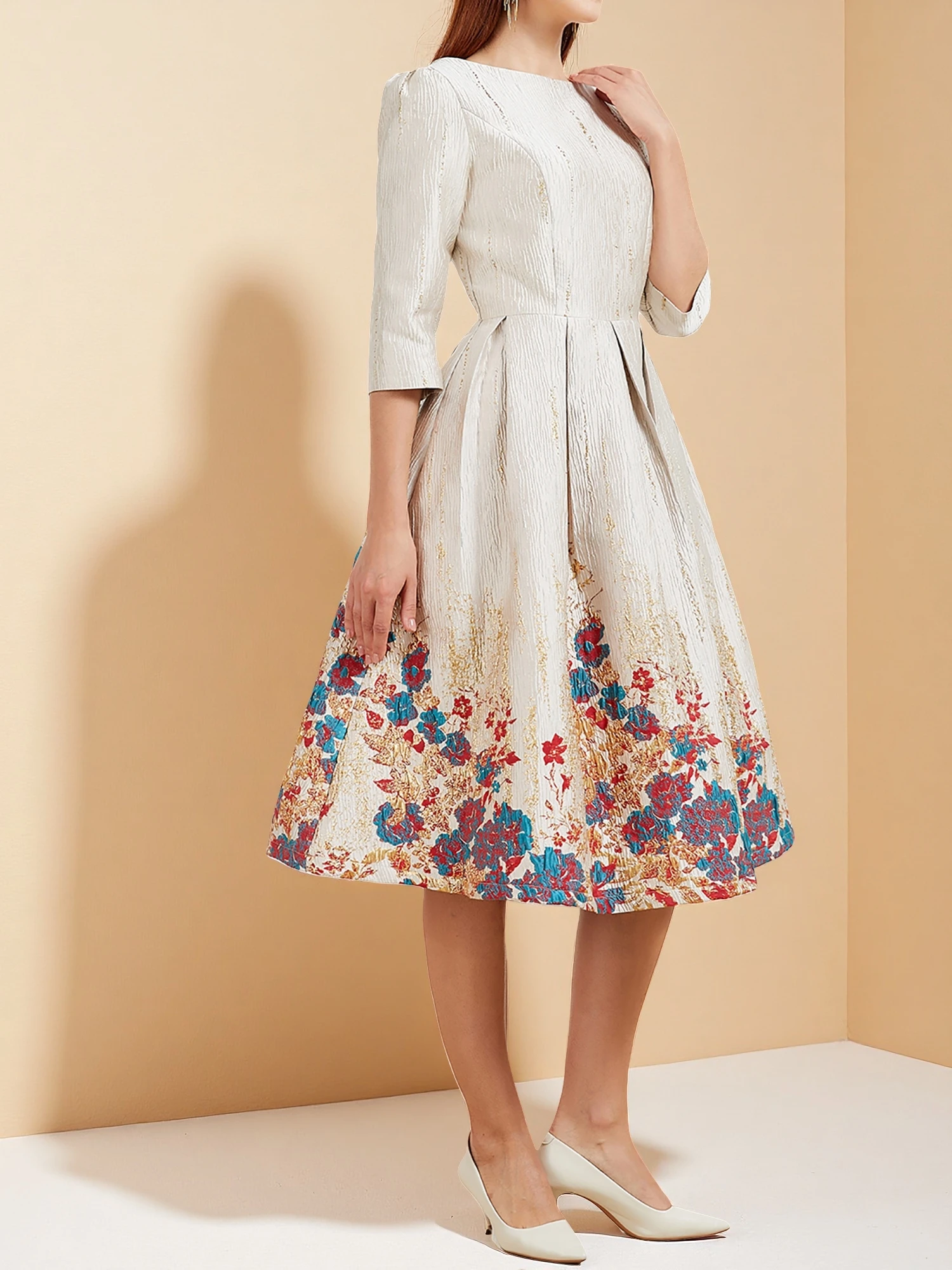 DEVCHATA Autunno Inverno Donne di Lusso Abito a Metà Polpaccio Stile Inghilterra Nuovo Floreale Moda Jacquard Partito Vita Sottile Al Ginocchio Abiti