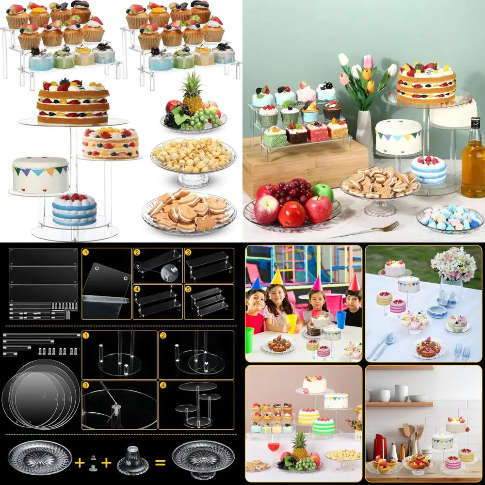 

Набор акриловых подставок для торта с 2 подставками, 1 четырехуровневой башней для кексов и 3 прозрачными круглыми десертними тарелками