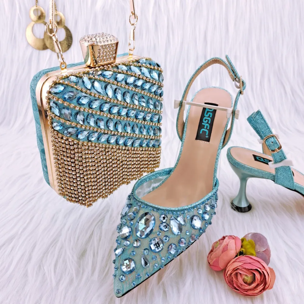 

Nigeria Fashion Lace Mini Bag And Mid-Heel Pointed Shoes Pointed Toe Rhinestone Ladies Party Shoes And Bag Newest