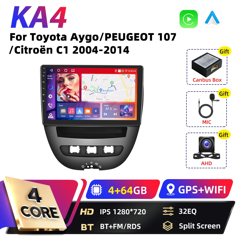 Podofo 8-Core Carplay 2DIN Android autoradio voor Toyota Aygo 2004-2014, Peugeot 107, Citroën C1, Snapdragon GPS FM RDS