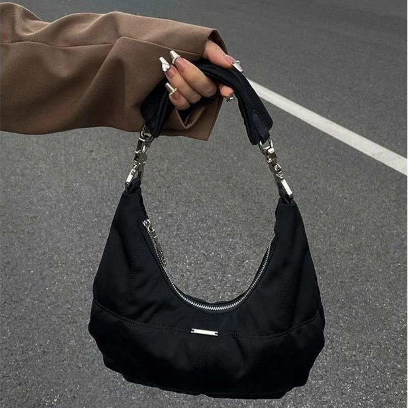 Vintage Black Small Shoulder Bags Lightweight Women\'s Zipper Mini Crescent Messenger Handbags and Purses Party Evening Tote Bags