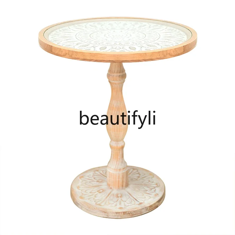 yj58 French retro sofa edge few solid wood carved medieval B & B leisure balcony glass coffee table