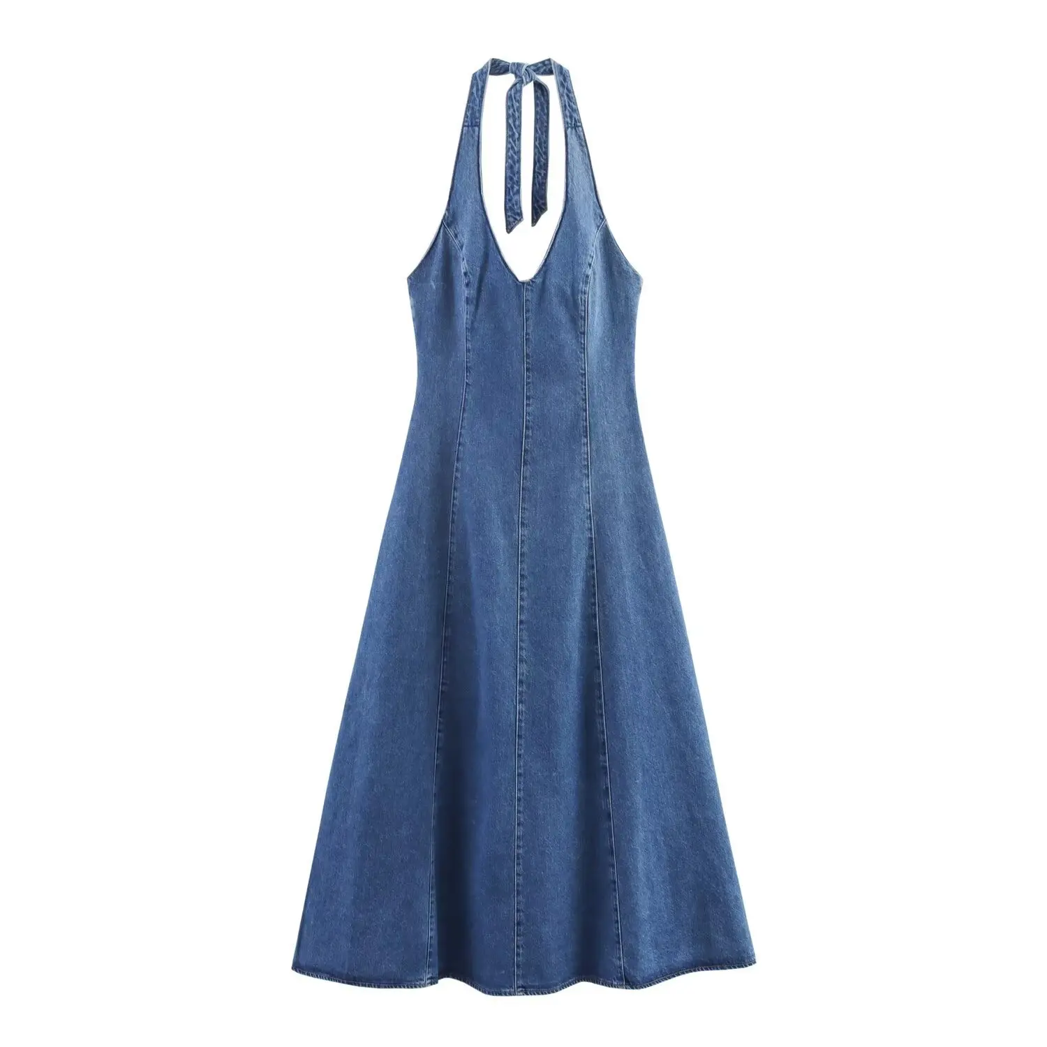 

Women Denim Halter Maxi Dress Elegant V Neck Backless Sleeveless Off Shoulder Long Dresses Lady Fashion Casual Street Vestidos