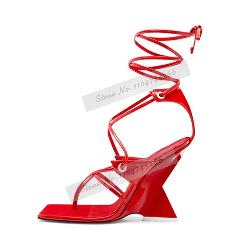 Fushcia Pink Suede Spiral Wedge High Heel Sandals Square Toe Clip Toe Strange Heels Sandals Cross Strap Lace-Up Banquet Shoes