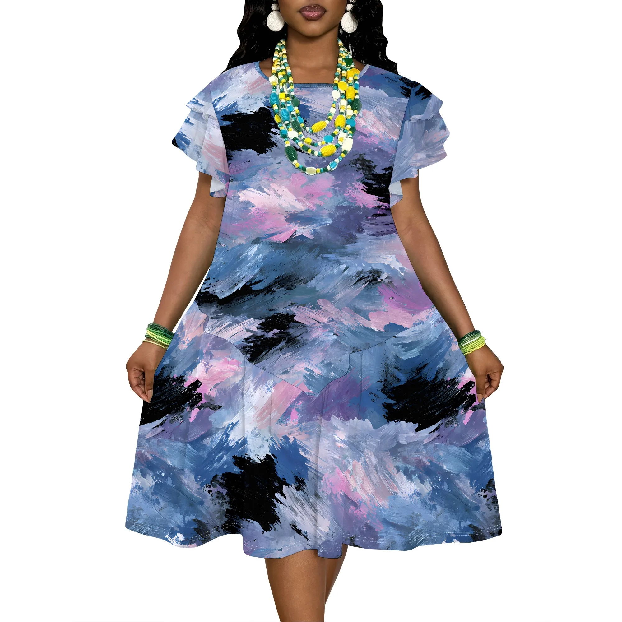 Abstract Paint Print Short Sleeve T-Shirt Dress for Women, Loose Fit Casual Summer Swing Mini Dress 3