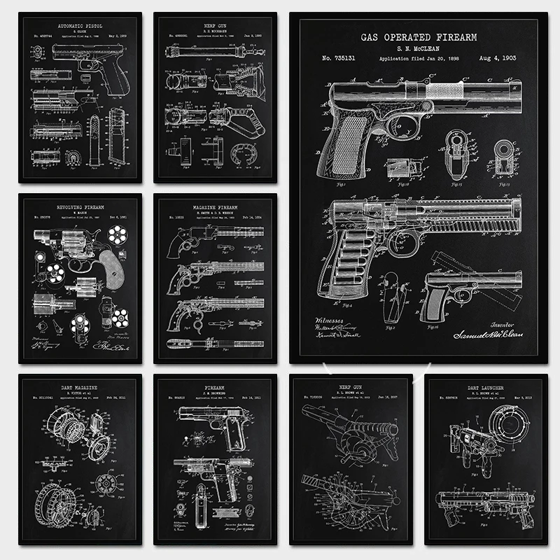 Affiches Vintage Pistolets et Fusils – Cadeau pour Passionnés d'Armes – Impressions sur Toile – Décoration Murale pour Bar, Café, Bureau, Salon, Salle à Manger