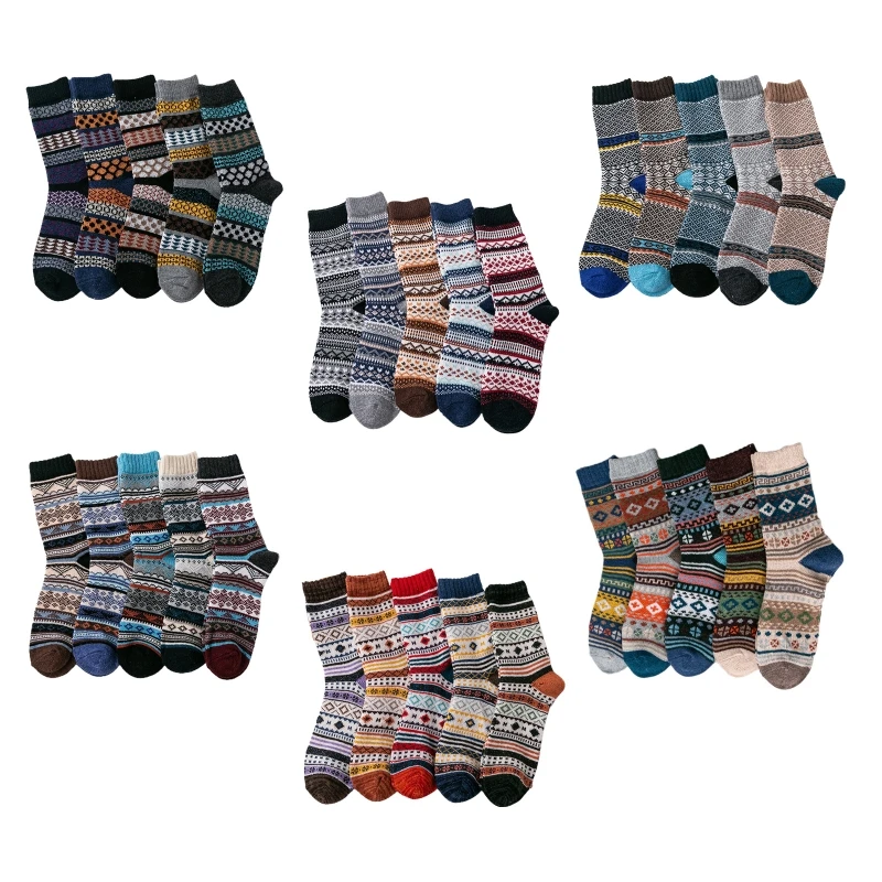 

5 Pairs Men Ethnic Vintage Colorful Stripes Print Socks Winter Soft Warm Thick Knitted Faux Wool Tube Hosiery