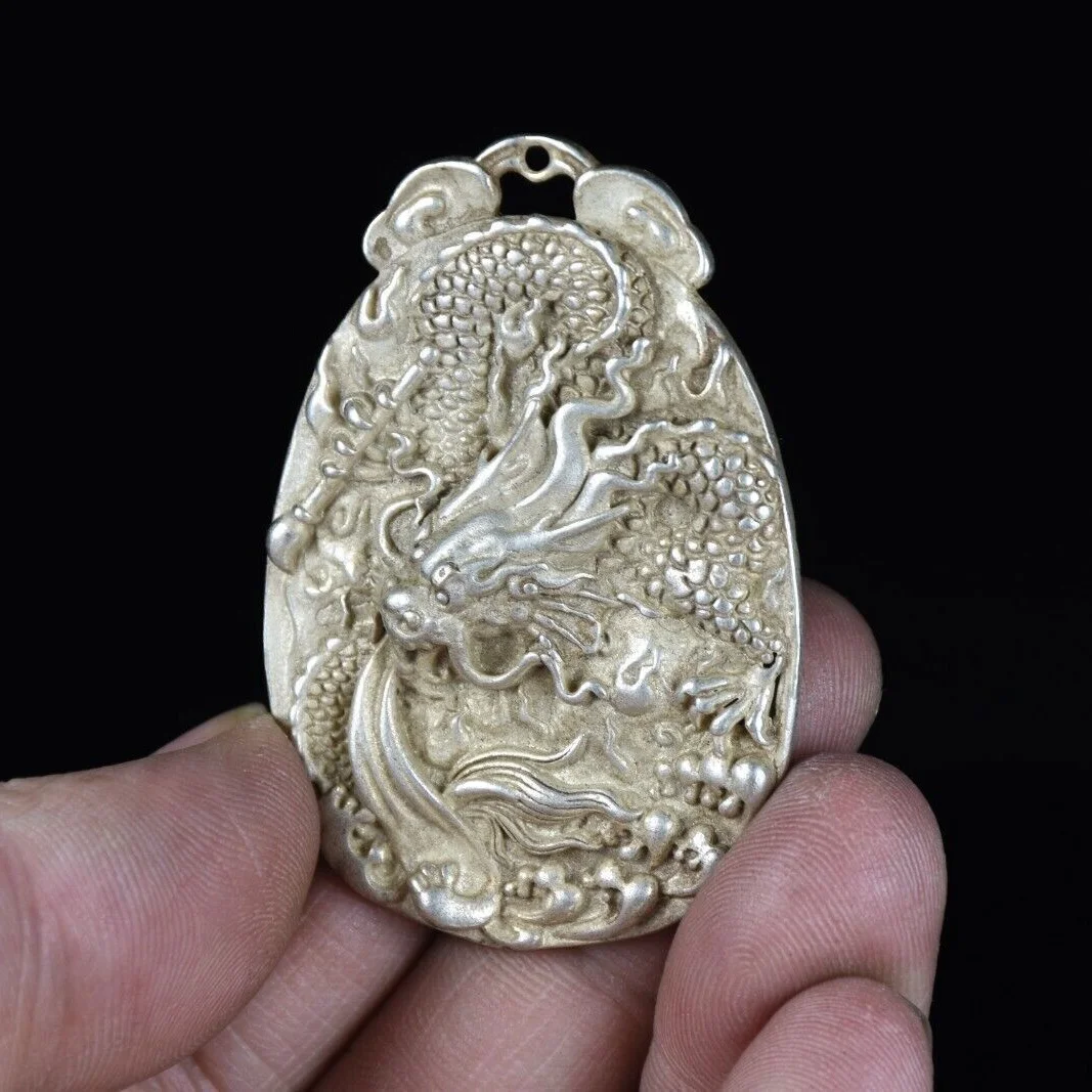 5.7CMOld China Miao Silver Feng Shui Loong Dragon Luck statue