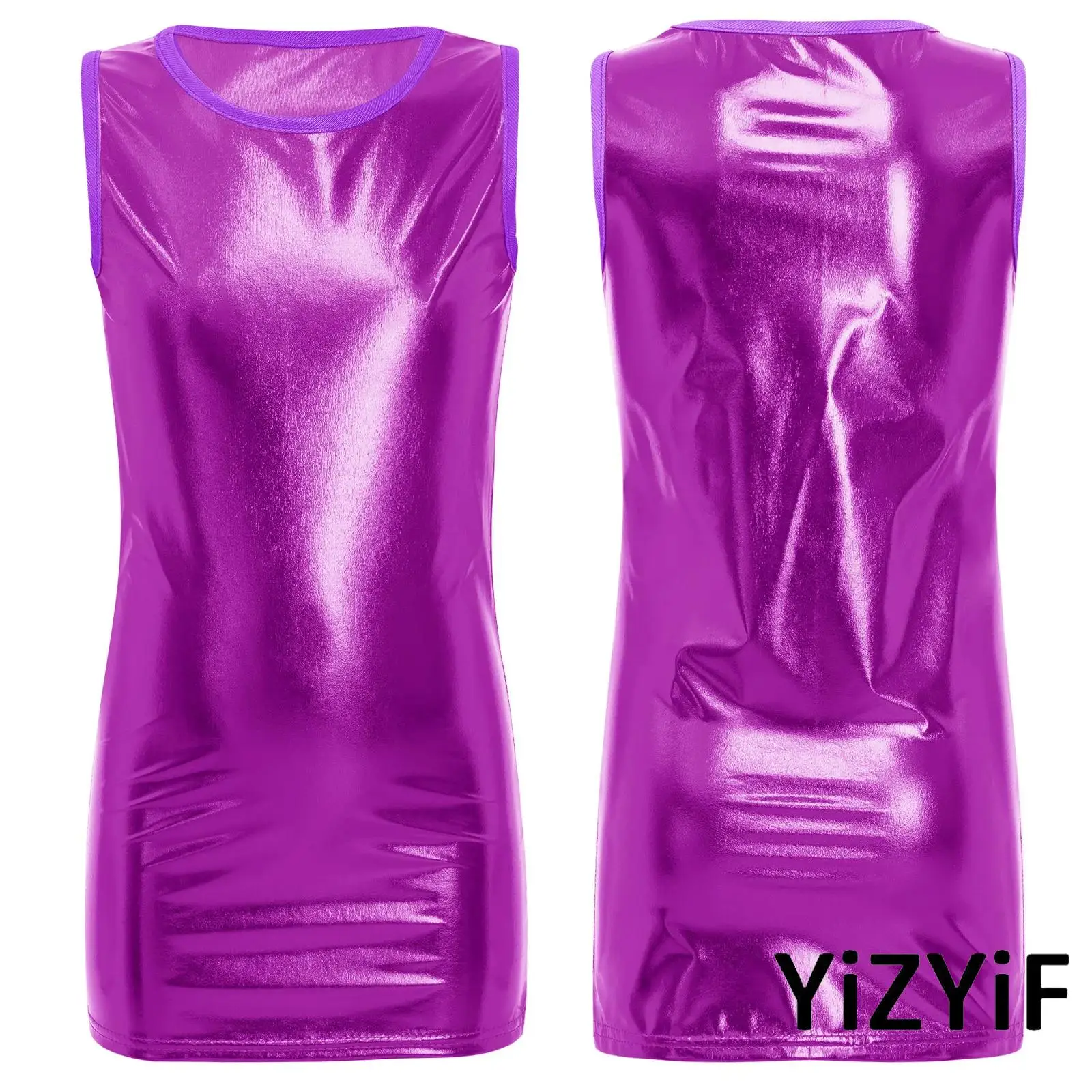 

Kids Girl Stylish Metallic Jazz Dance Jumpsuit Round Neck Sleeveless Jazz Dress Cheerleading Dance Outfit Solid Color Dance Tank