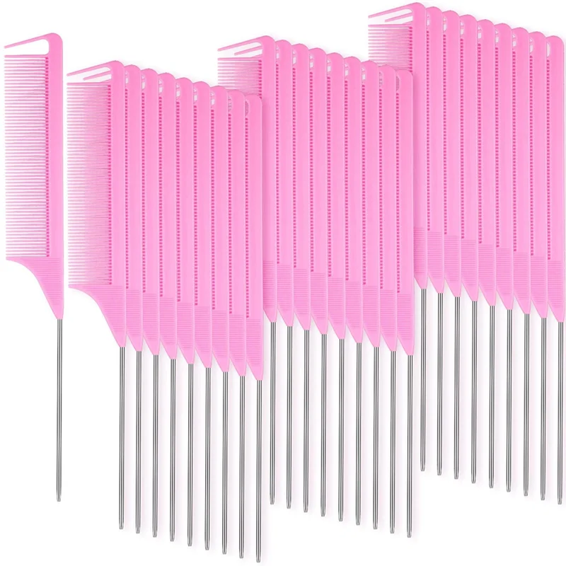 

30 Pieces Parting Comb for Hair Rat Tail Comb Steel Pin Rat Tail Carbon Fiber Heat Resistant Teasing Combs(Pink)