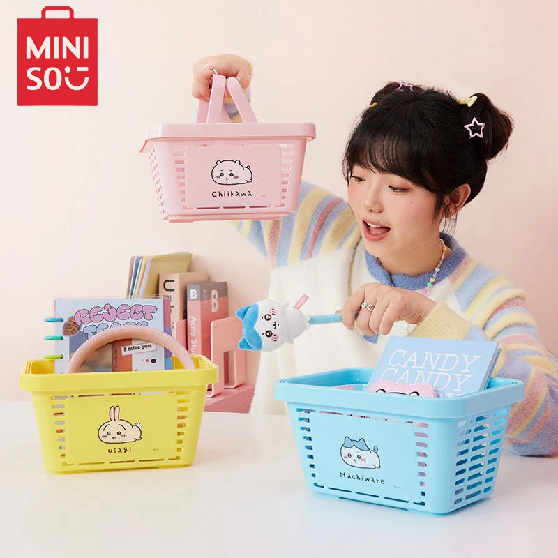 MINISO Chiikawa Stationery Handheld Basket Anime Kawaii Hachiware Usagi Mini Cute Hair Clip Jewelry Cosmetic Cartoon Storage Box