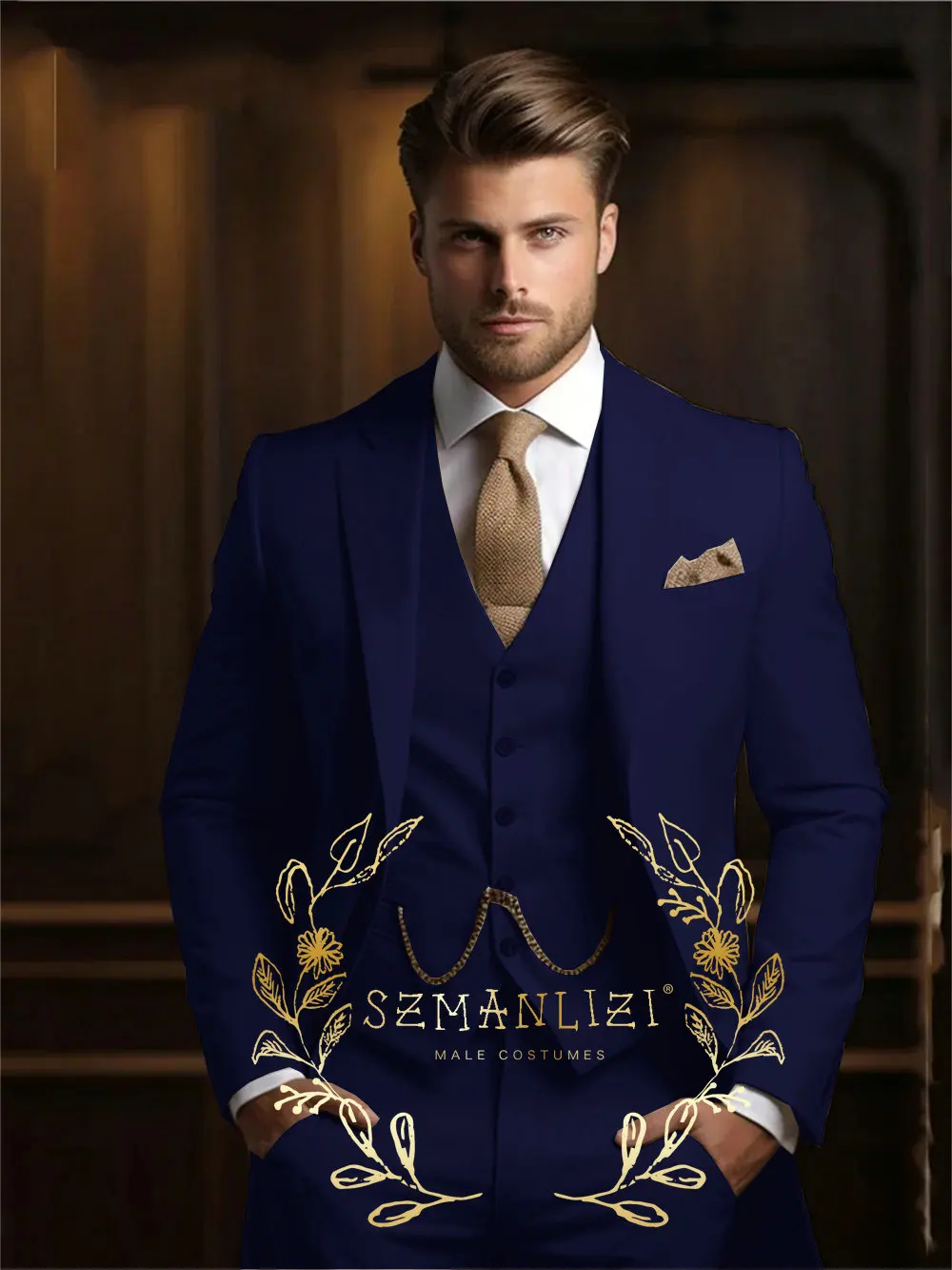 Casual Beige Wedding Suits For Men Custom Made 3 Piece Jacket Vest Pants Set Formal Groom Peaked Lapel Tuxedos Costume Homme