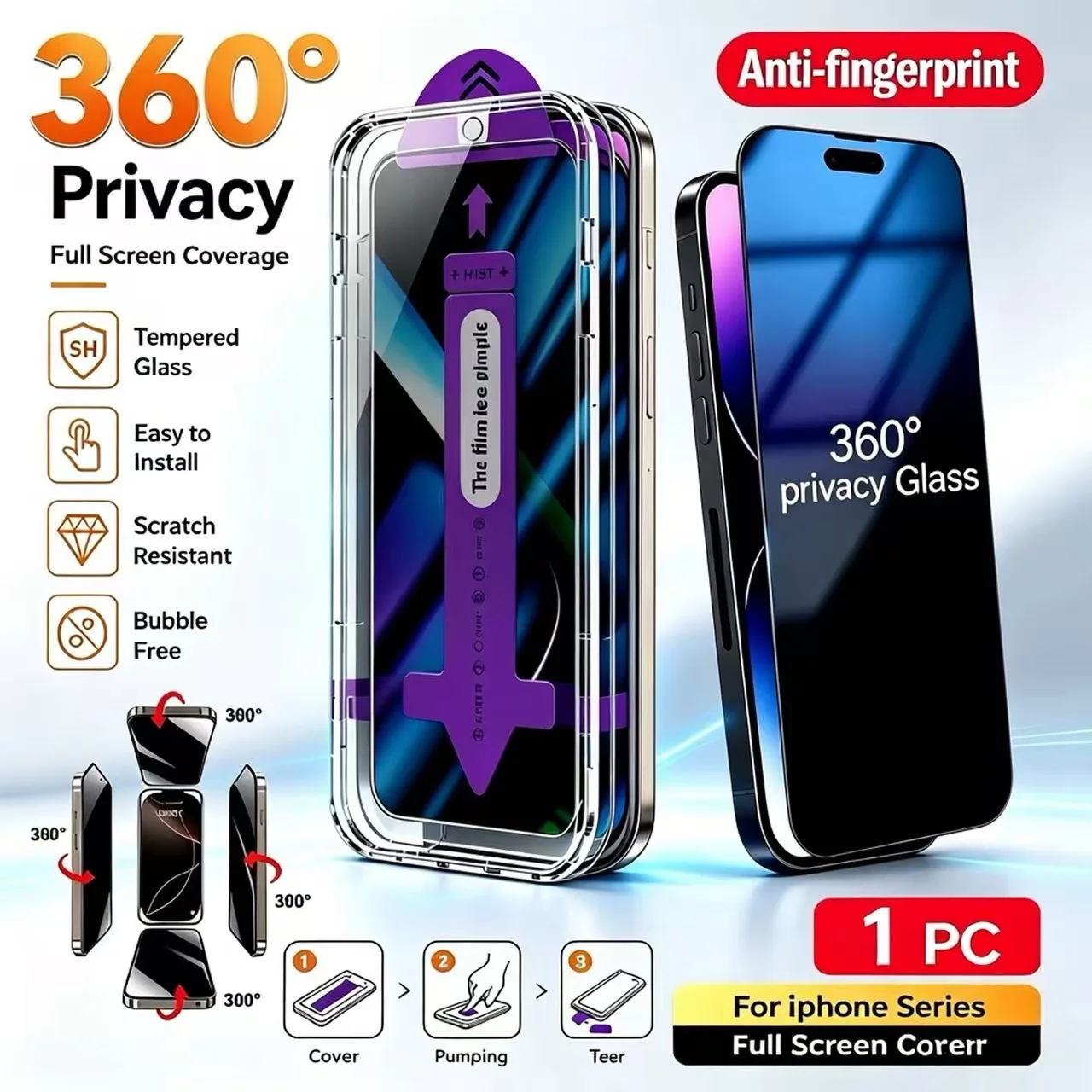 1-teiliges Set 4-Wege 360 °   Displayschutzfolie aus gehärtetem Glas für besseren Datenschutz + inklusive Montageset und Werkzeug zur automatischen Ausrichtung, kompatibel mit iPhone 18/18 Pro/18 Pro