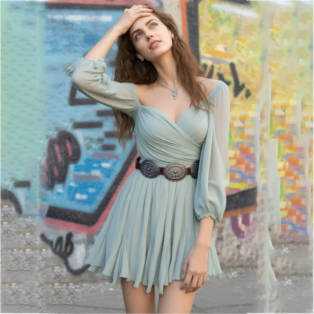 

High Waist Irregular Spring Summer Dress 2026 Style Western-style Solid Color Mesh Long-sleeved Pleated Strapless Dress No Belt