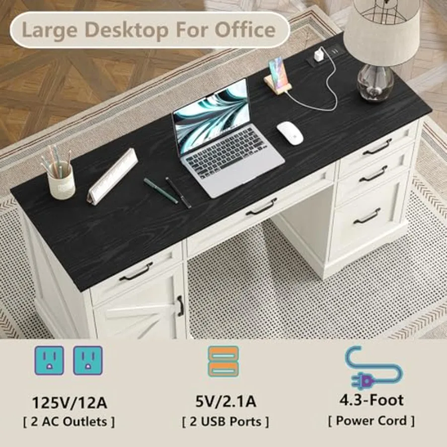 57 مكتب تنفيذي مكتب كمبيوتر المزرعة مع أدراج وخزانة ملفات مع محطة شحن مكتب مكتب منزلي خشبي ومساحة عمل