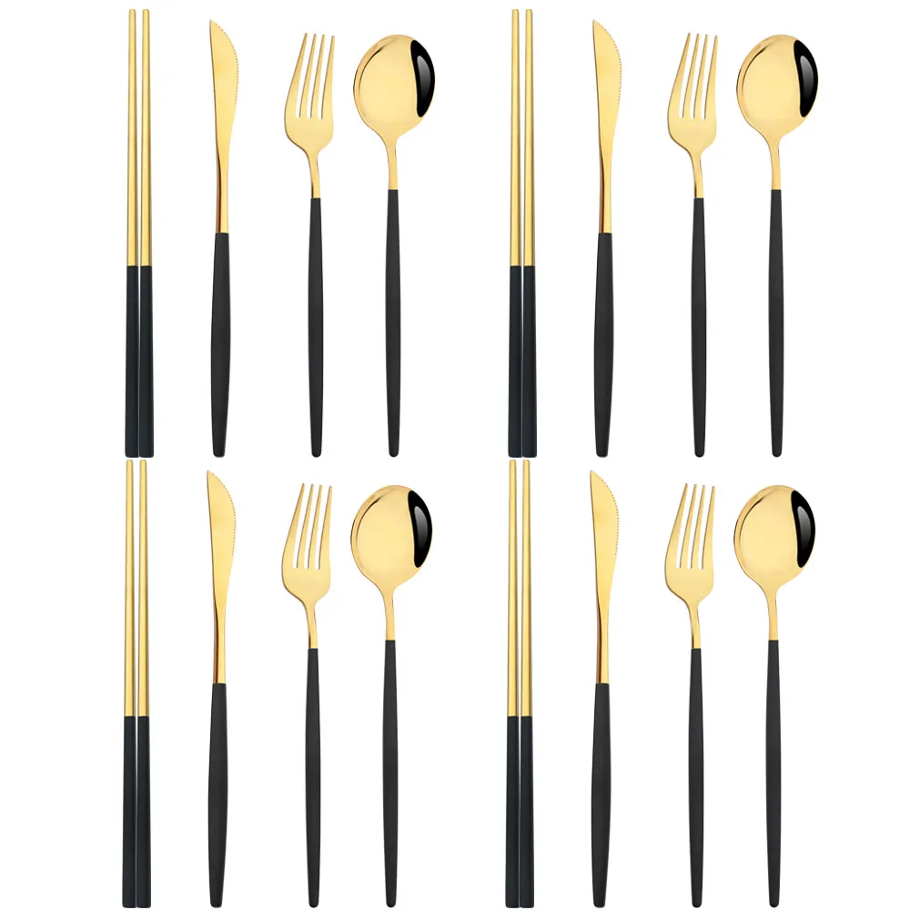 

Drmfiy 16Pcs Black Handle Gold Tableware Set Western Stainless Steel Cutlery Set Kitchen Knife Fork Spoon Chopsticks Dinnerware