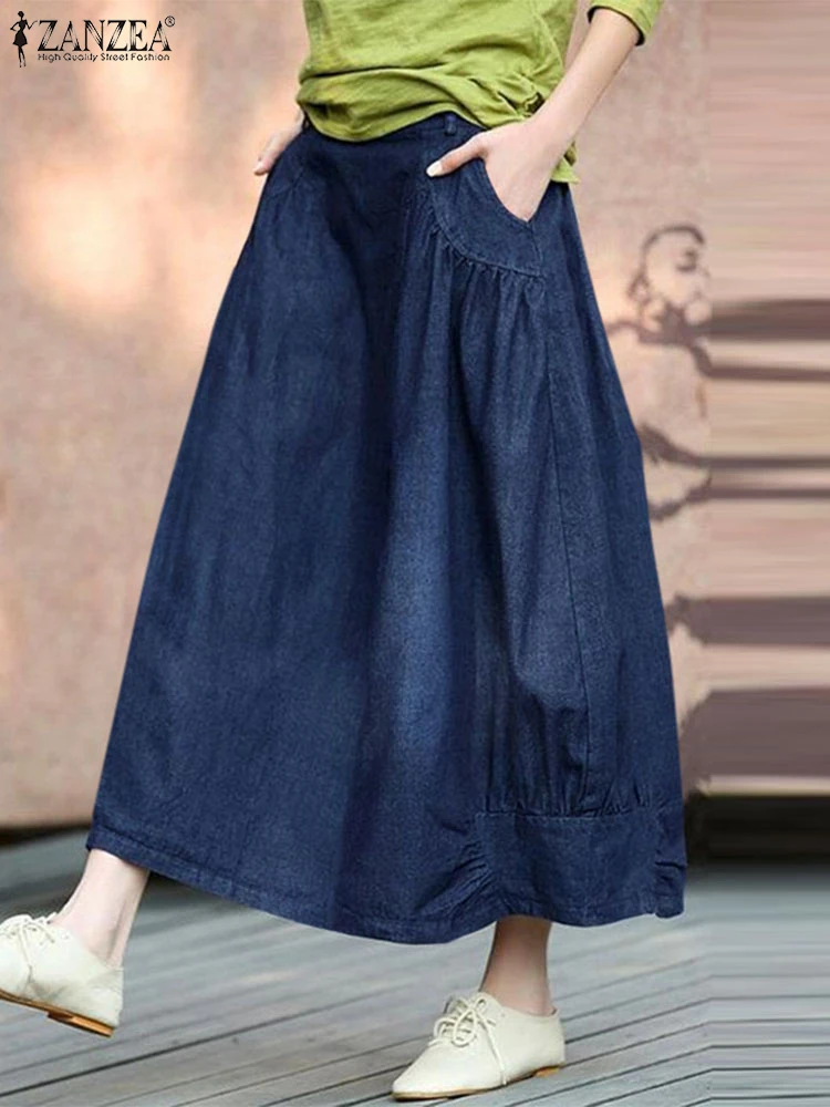 

ZANZEA Women Denim Maxi Skirt Casual Loose Pockets High Elastic Waist Skirt Vintage Solid Color Skirt Female A-Line Long Jupes