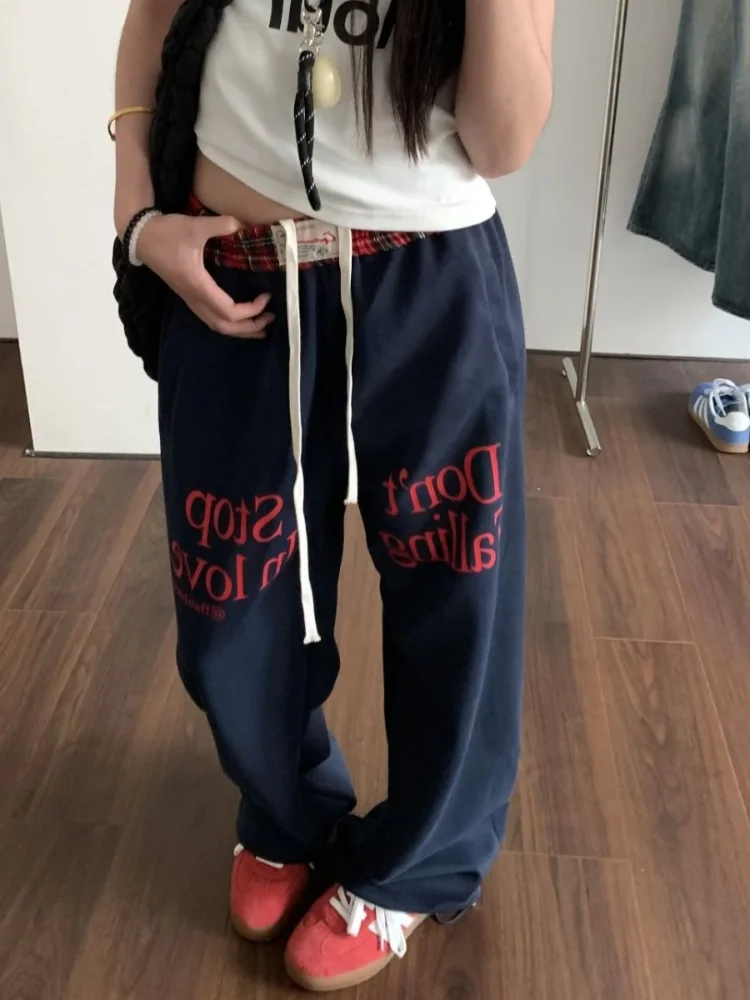 ADAgirl Vintage Plaid Baggy Sweatpants Women Y2k Hip Hop Casual Korean Letter Straight Sport Pants Streetwear Chic Mujer Joggers