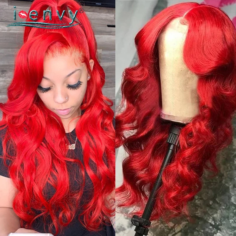 Red Body Wave Lace Frontal Wig Pre Pluck Peruvian Colored Burgundy Red Lace Front Human Hair Wig Transpant Lace Wigs For Women