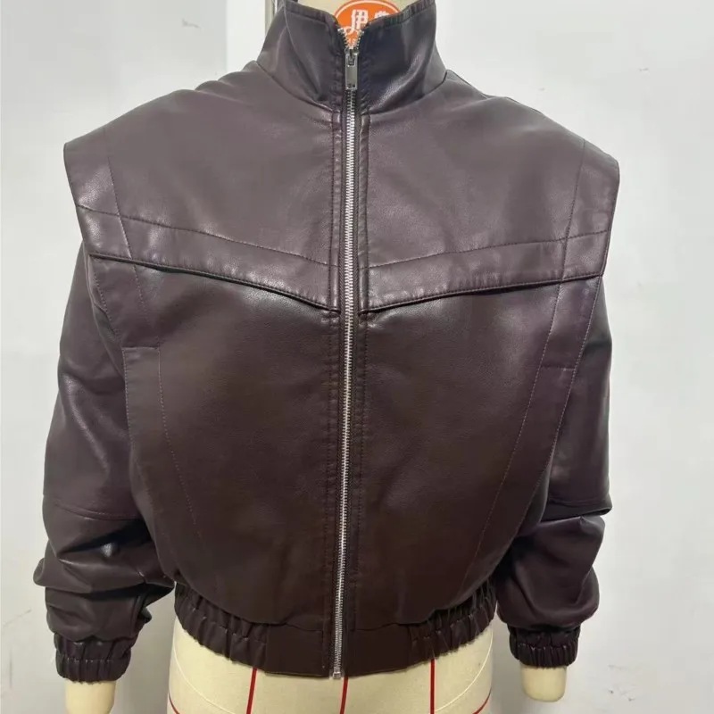 

2025 Women's Faux Leather Pilot Jacket with Large Pocket Accents Trendy & Versatile for Daily Wear Moto-Style Outerwear