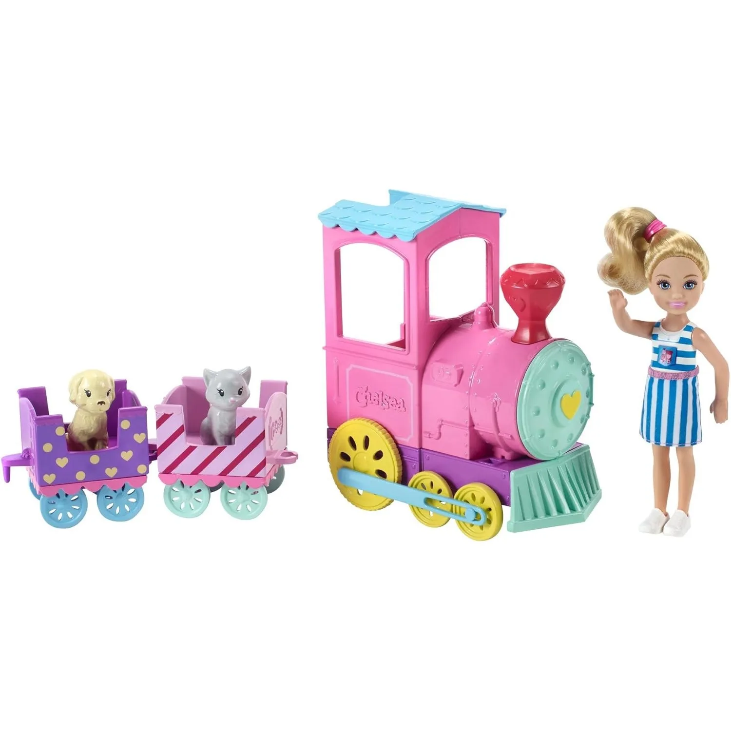 Original Barbied Oll Club Mini Chelsea Train Playset 3 Connecting Cars Miniatures Doll 1 Kitten and 1 Puppy Kids Dolls Girls