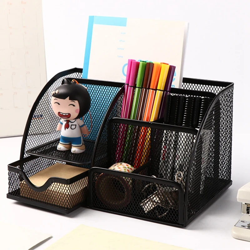 Mesh Desk Organizer Pen Holder, Accessories Storage Caddy With 6 Compartments, And Drawer Office Supplies Gift (1 PCS)