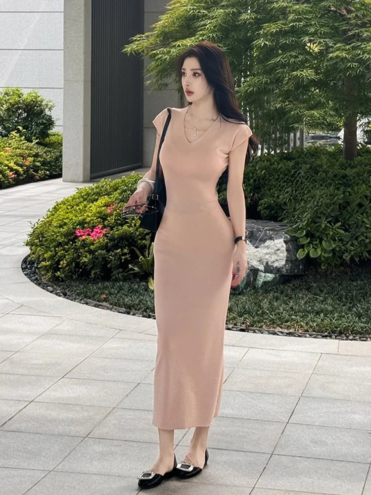 

Syj Shuyijia plus Size Sexy V-Neck Dress Women's High Waist Bodycon Long Dress Casual Style Short Sleeve High Waist Type