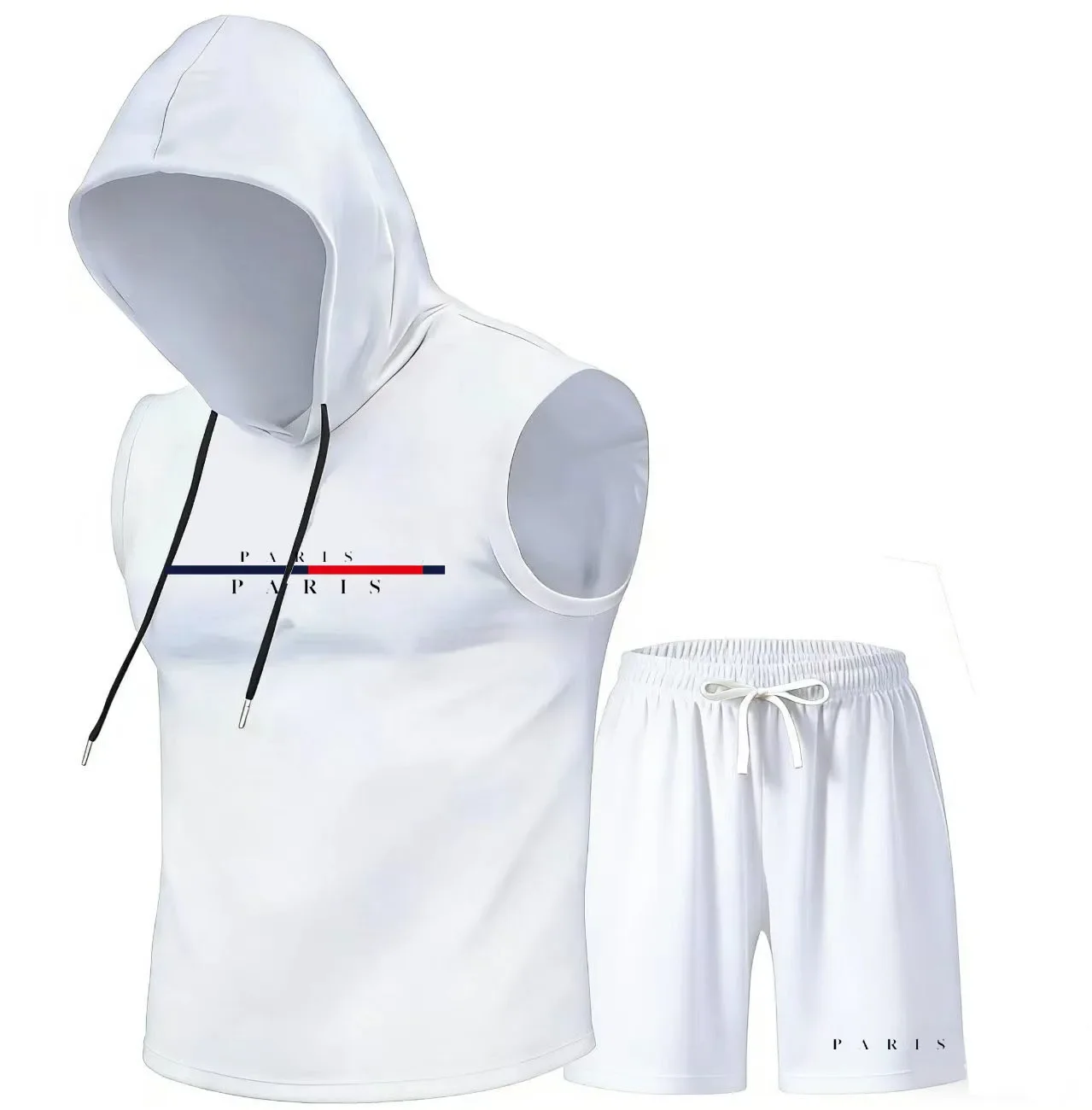 

Fashion Paris Men's hooded vest set, sleeveless hooded T-shirt, vest and shorts set, summer sports, outdoor sports and leisure