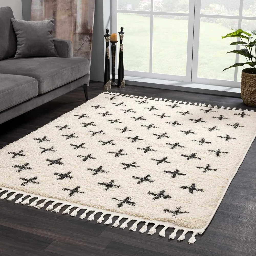 Farmhouse Swiss Cross Geometric Shag Area Rug - Fluffy High Pile Super Soft Rugs with Tassels for Living Room, Rug