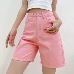 Cute Pink Baggy Jean Shorts for Women Summer Bermuda Shorts Loose Denim Long Shorts Capris Pants