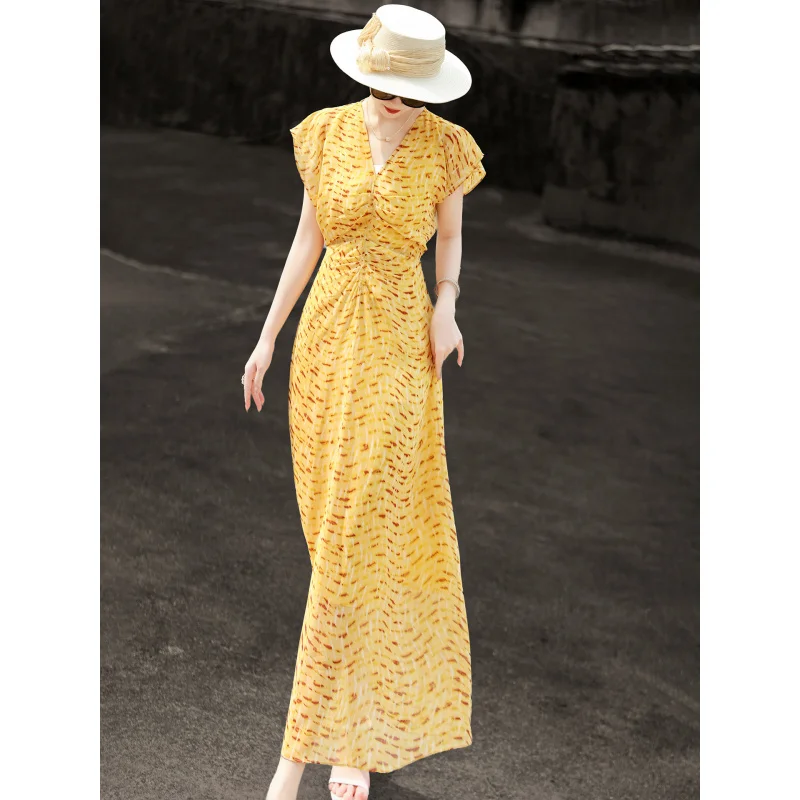 MEXCOCO 2026 Summer French Elegant V Neck Cap Sleeve Abstract Stripe Twisted Pleated Waist Slim Maxi Resort Dress