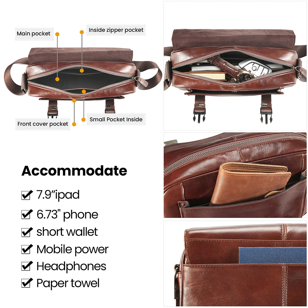 Genuine Leather Crossbody Bag Men Flap Messenger Bag Vintage Women Shoulder Bag for iPad Mini 7.9 Inch Tablet Storage