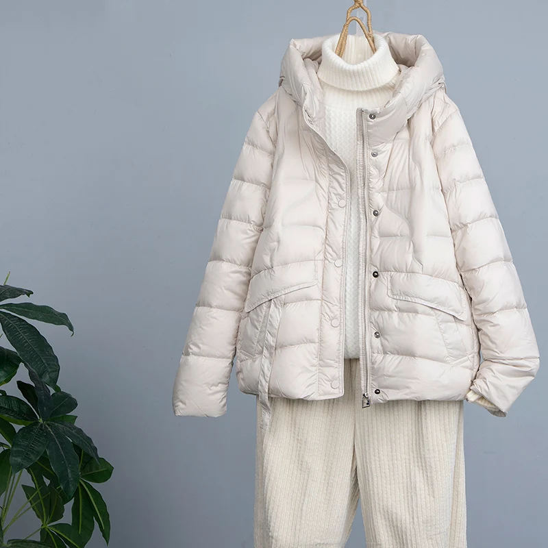 Schinteon Women 90% White Duck Down Jacket with Hood Casual Autumn Winter Warm Outwear Korean Style High Quality Coat 2026 New