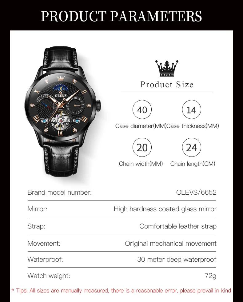 OLEVS Men Automatic Mechanical Leather strap Skeleton Luxury Date Waterproof Luminous Watch for Men Relogio Masculino 6652
