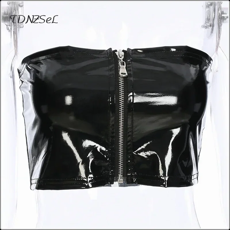 Sexy Damen-Bandeau-Tube-Top aus glänzendem Kunstleder mit Metallreißverschluss, trägerloses Crop-Top, Y2K Rave Clubwear, Sommerparty, UK – Detail 5