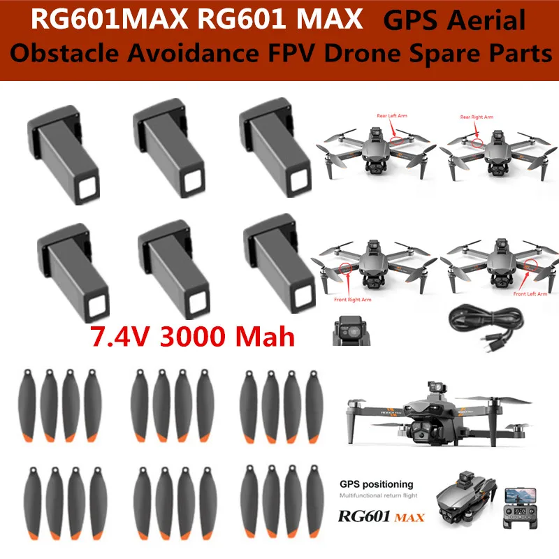 RG601MAX RG601 MAX Drone RC, suku cadang 4 baling-baling, pesawat nirawak pengendalian jarak jauh 5G tanpa sikat, GPS 7.4V 3000mAh/Proepller/Arm/USB