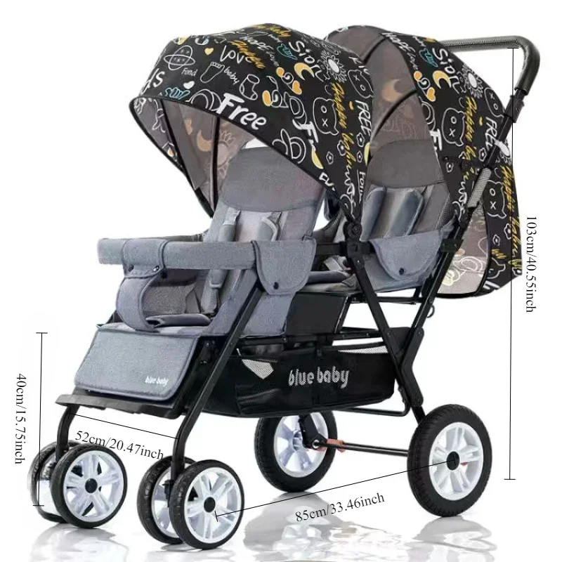 Large Double Stroller Can Sit or Lying Lightweight Foldable Portable Front & Rear Seat Twin Baby Stroller with Double Brake