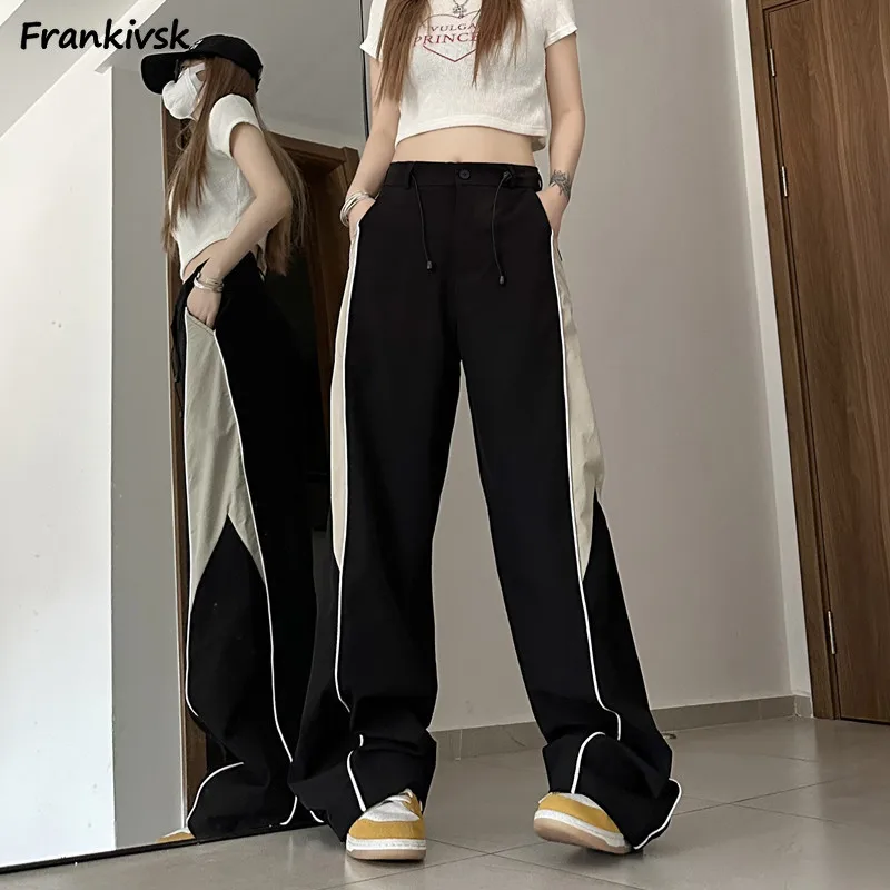 

High Street Pants Women European Style Retro Spliced Fashion All-match Pocket Loose Cargo Trousers Comfortable Students Summer