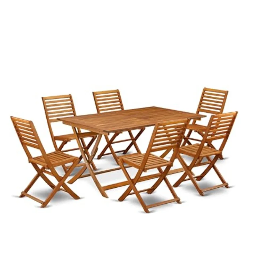 

Outdoor patio dining set: acacia wood table and 6 folding chairs, natural oil finish, 36x60 inch rectangle table, durable weath