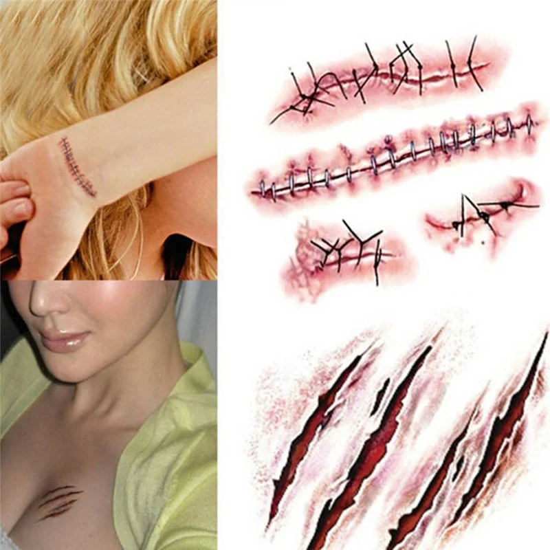 

3pcs Scar Tattoo Stickers Realistic Fake Wound Scab Waterproof Temporary Tattoos For Halloween Cosplay Body Art Makeup