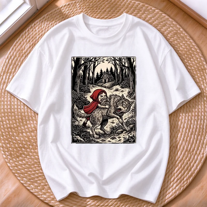Little Red Riding Hood Fighting Wolf Dark Fairy Tale Graphic T‑Shirt Retro Woodcut Art Casual Unisex Streetwear Tee Y2k Top