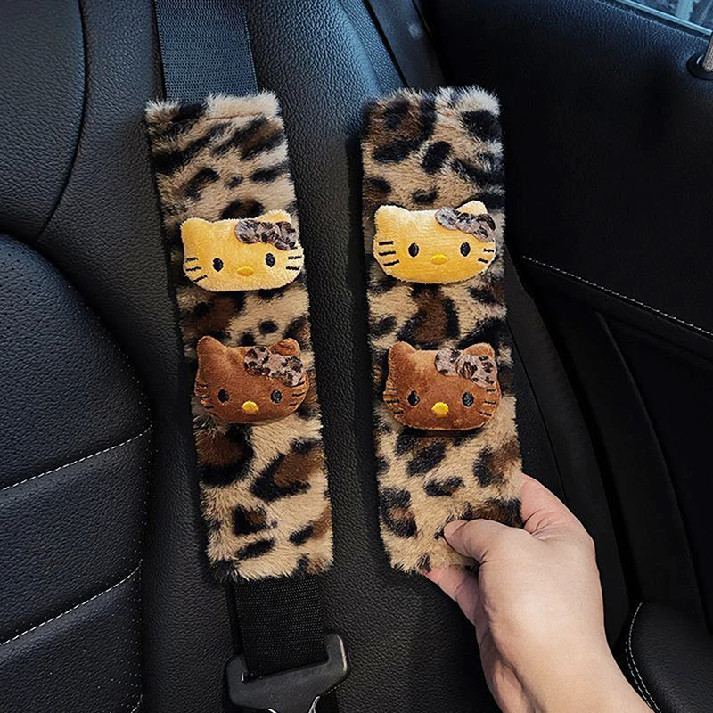 Cartoon Car Interior Decoration Cute Leopard Print Hello Kitty Plush Doll Car Seat Belt Shoulder Protector Cover Accessory Gifts