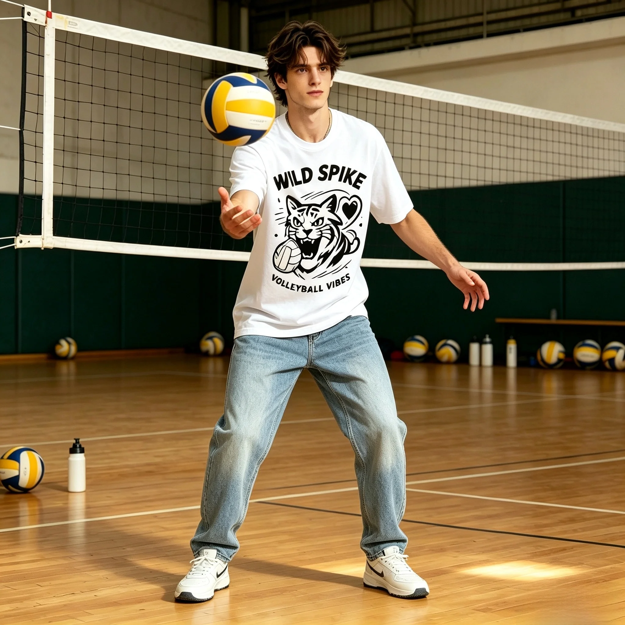 Men Wild Spike Volleyball T Shirt mmens Graphic Tee Cat Volleyball Print Casual Sports Shirt Trendy Summer Top ﻿