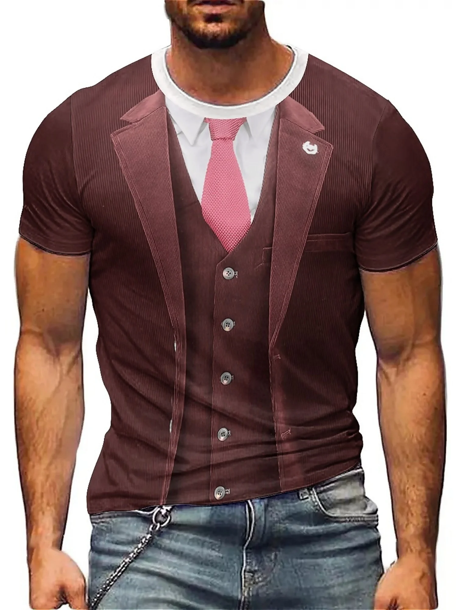 

Men's Novelty 3D Print Short Sleeve T-Shirt - Realistic Fake Suit & Tie Design, Funny Cosplay for Halloween, Summer Parties