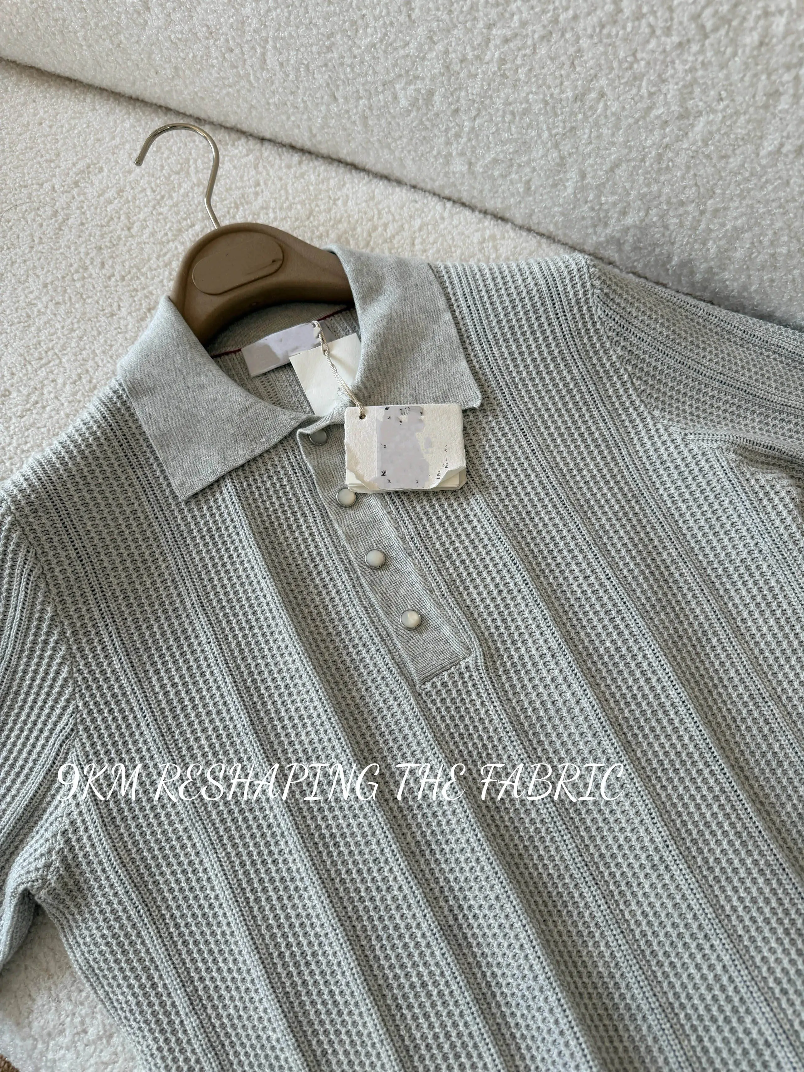 BC Custom-woven island cotton old money wind pearl buckle front shoulder short wide lapel polo POLO shirt